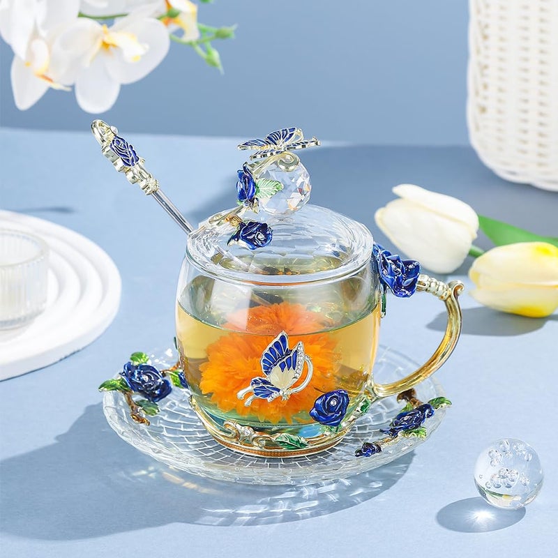 LANTREE Christmas Gift Coffee Mug Tea Cup with Lid Saucer Birthday Gift for Women Friend Mother's Valentine's Day Rose Butterfly Cup Wedding Anniversary(Short Blue) - Image 2